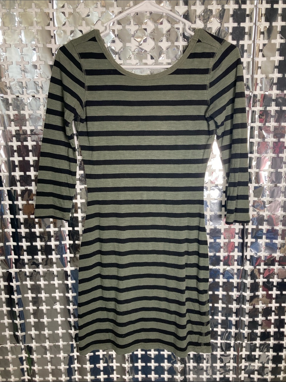Express Olive Green & Black Striped Midi Dress